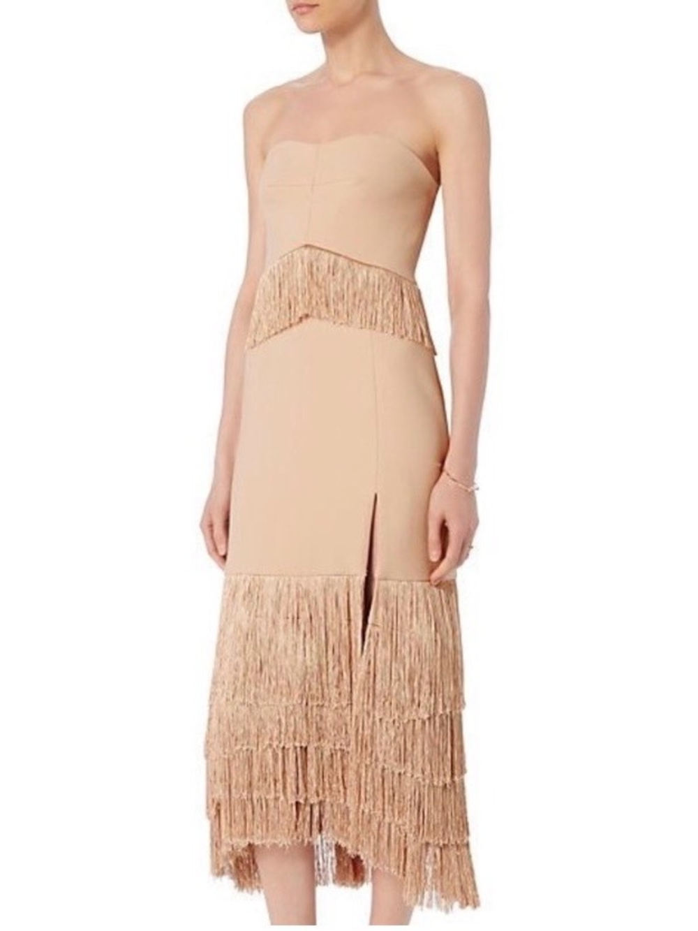 Jonathan Simkhai Beige Strapless Fringe Midi Dress